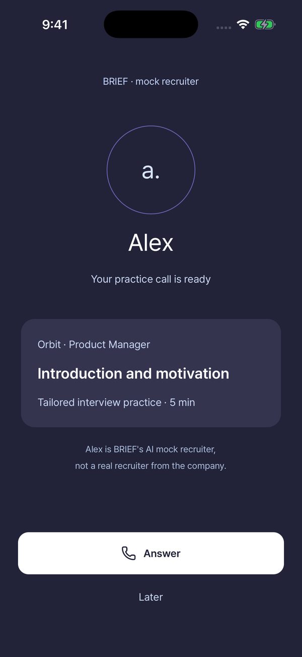 Incoming practice call from mock recruiter Alex