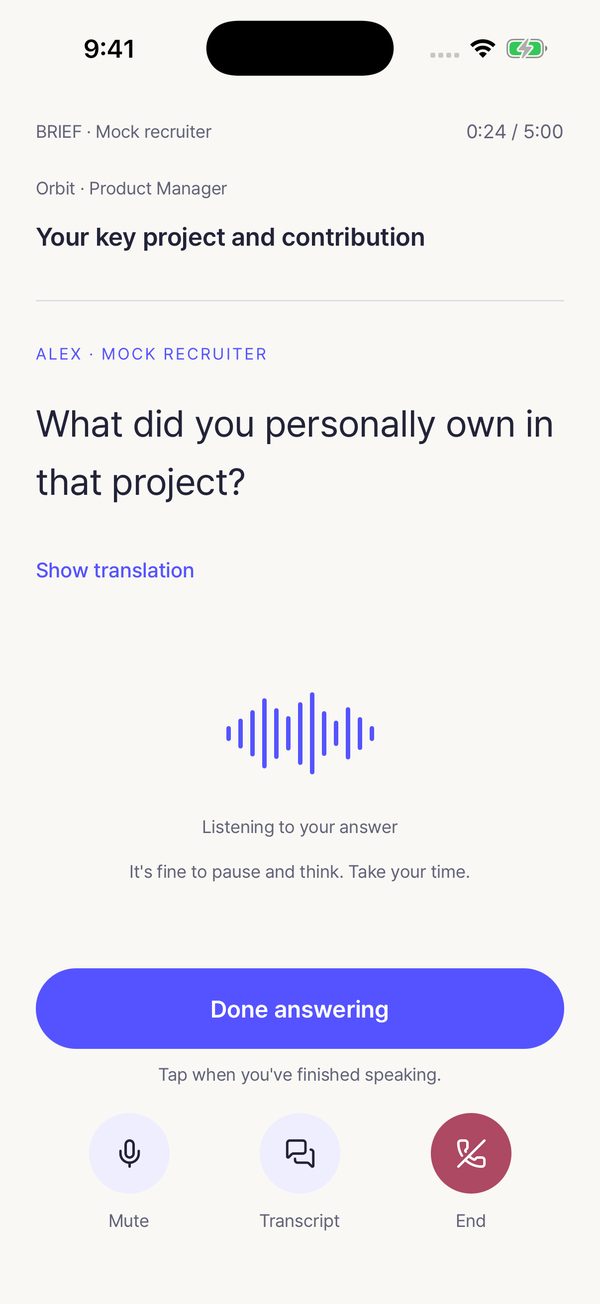 Call screen showing an English interview question