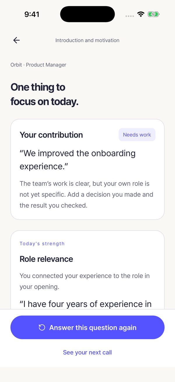 Feedback screen quoting the answer and what to improve