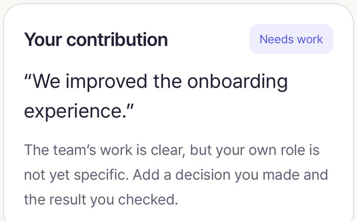 Close-up: 'needs work' card for personal contribution, quoting the answer